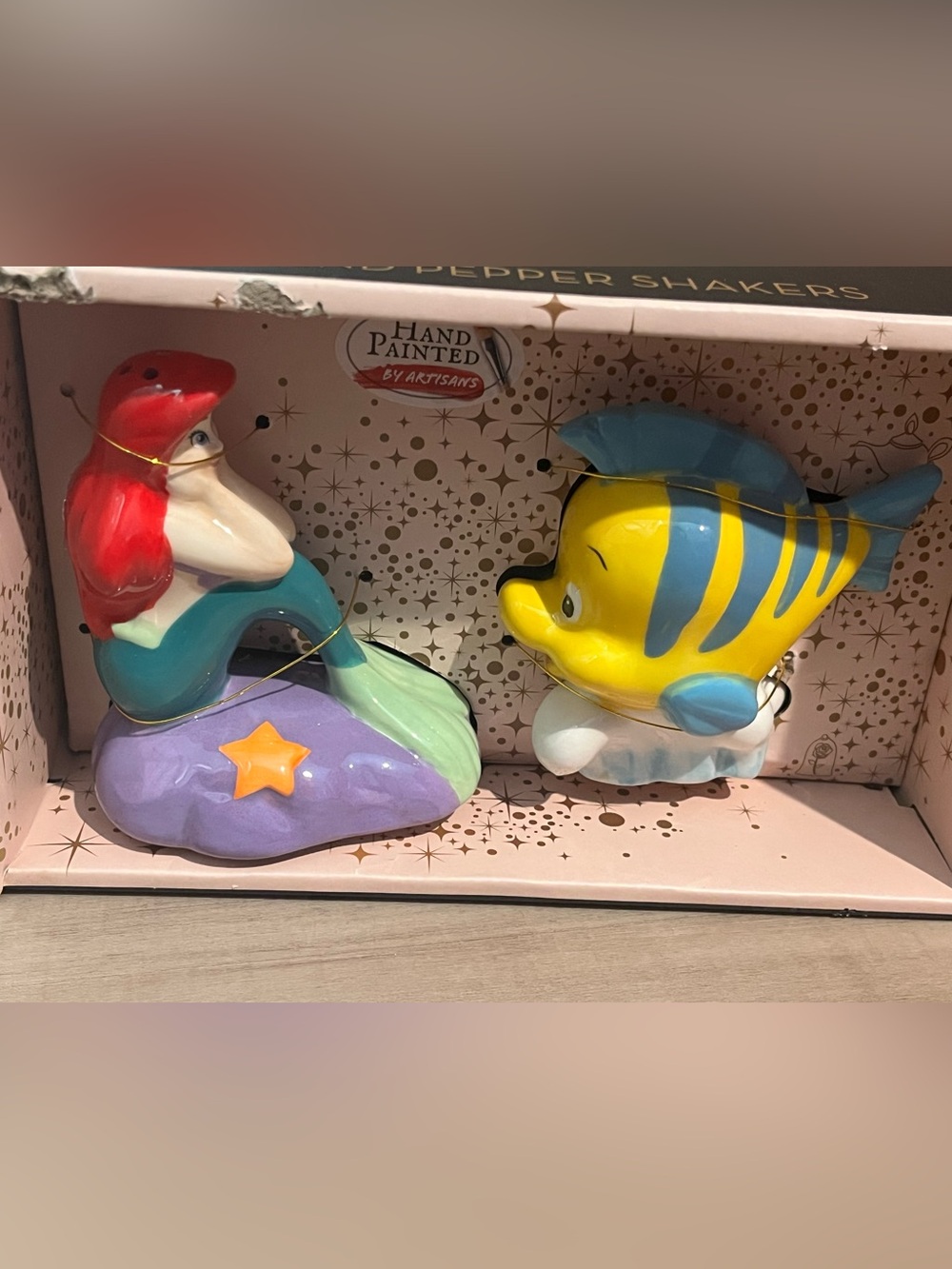 Disney little mermaid & flounder- Hand Painted Set - Salt & pepper ( Ariel )